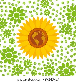 Sunflower vector concept adn world map into center background