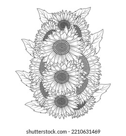 diseño vectorial de girasol con flores de página de libros de coloración para adultos pétalo florecientes.
dibujo con flores decorativas y dibujo abstracto de líneas.

