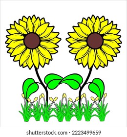 Sonnenblume, Vektordesign in gelber Farbe. und sehen Sie den Stamm. mit weißem Hintergrund und grünen Blättern