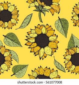 Sunflower. Vector hand drawn sunflowers seamless pattern on yellow background.Great for label, poster, web, packing