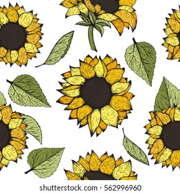 Sunflower. Vector hand drawn sunflowers seamless pattern on yellow background.Great for label, poster, web, packing