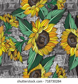 Sunflower. Vector hand drawn sunflowers seamless pattern on yellow background.Great for label, poster, web, packing
