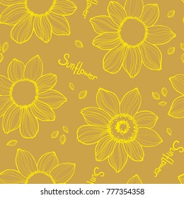 Sunflower. Vector hand drawn sunflowers seamless pattern on yellow background.Great for label, poster, web, packing