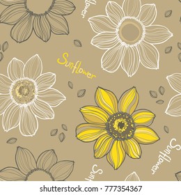 Sunflower. Vector hand drawn sunflowers seamless pattern on yellow background.Great for label, poster, web, packing