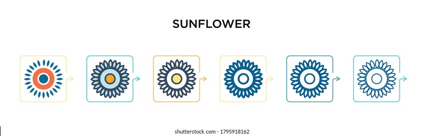 Sunflower vector icon in 6 different modern styles. Black, two colored sunflower icons designed in filled, outline, line and stroke style. Vector illustration can be used for web, mobile, ui