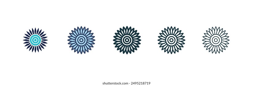 Sunflower vector icon set black filled and outlined style.