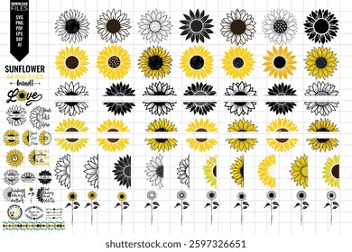 Sunflower vector illustration Bundle. Sunflower Monogram, Sunflower isolated. Botanical floral illustration. Yellow summer flower, Black Yellow Sunflower Monogram set
