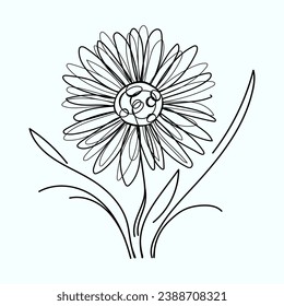 Sunflower vector illustration. Flower in one line. Black Outline drawing of a sunflower flower.