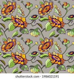 Sunflower vector illustration. Hand drawn sunflowers seamless pattern on grey, beige background. Autumn flowers line art print, texture.