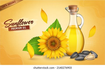 Sunflower vector illustration with sunflower oil and seeds with green and yellow leaves