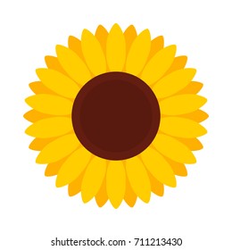 Sunflower. Vector illustration. Yellow bud isolated on white. Decorative design for postcards and floral decorations. Simple flat style. Brown core with yellow oblong petals.