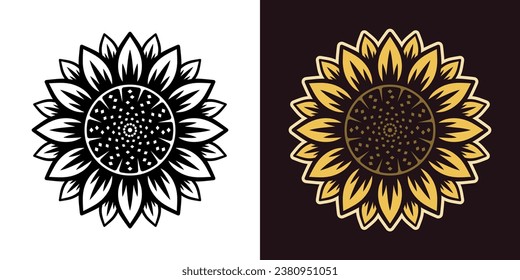 Sunflower vector object or graphic element in two styles black on white and colored. Hand drawn. Not AI generated