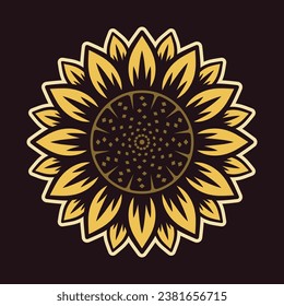 Sunflower vector object or graphic element in colored style on dark background. Hand drawn. Not AI generated