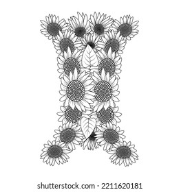 página de coloración del contorno del vector de girasol del pétalo floreciente y deja la ilustración de la flor. dibujo de la línea del doodle de girasoles amarillos dibuja fácilmente el diseño de las flores.  