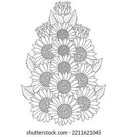 página de coloración del contorno del vector de girasol del pétalo floreciente y deja la ilustración de la flor. dibujo de la línea del doodle de girasoles amarillos dibuja fácilmente el diseño de las flores.  