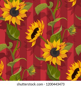 Sunflower vector seamless pattern floral texture on red stripes background