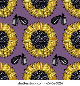 Sunflower. Vector seamless pattern with flowers on a violet background. Decorative background for design and decoration of textiles, wallpapers, clothing, packaging and wrapping paper and much more