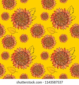 Sunflower vector seamless pattern with green leaves, imitating ink and watercolor on white background. Hand-drawn flower heads natural themed wallpaper, wrapping, packaging paper,birthday card design