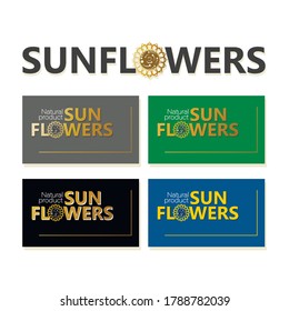 Sunflower. Vector set business cards with golden logo, emblem, isolated on colored backgrounds.