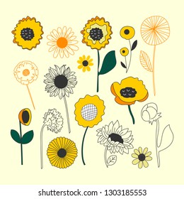 Sunflower. Vector set of flat hand drawn sunflowers and leaves isolated on beige background