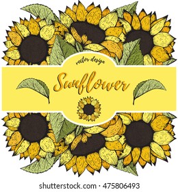 Sunflower. Vector set of hand drawn sunflowers and leaves isolated on white background.Great for label, poster, web, packing.