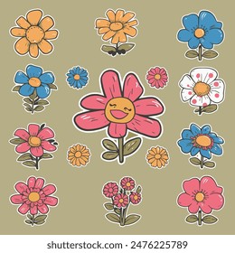 Sonnenblumen Vektorgrafik Aufkleber Kollektion. Illustrative Blumenaufkleber EPS.