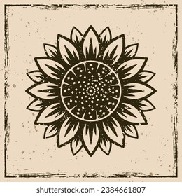 Sunflower vector vintage emblem, label, badge on background with removable grunge textures on separate layers. Hand drawn. Not AI generated