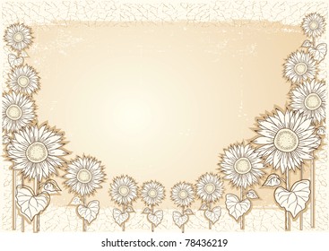 Sunflower .Vector vintage postcard with grunge elements