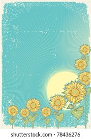 Sunflower .Vector vintage postcard with grunge elements