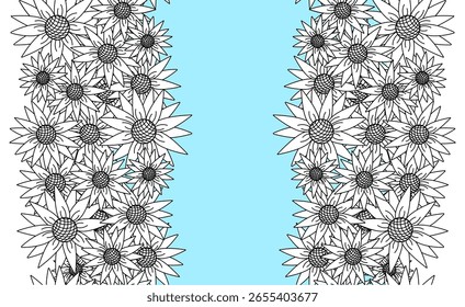 Sunflower vertical seamless border frame template. Vector graphic line illustration. Banner, poster, wrapping paper, sticker, print, modern textile design. invitation card set
