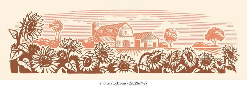 Sunflower in village sketch. Farm landscape