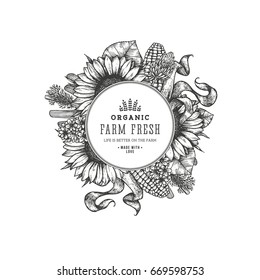 Sunflower vintage design template. Country style round composition. Vector illustration