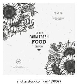 Sunflower vintage design template. Sunflower frame composition. Vector illustration