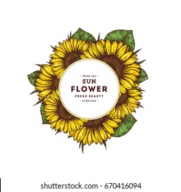 Sunflower vintage design template. Sunflower round composition. Vector illustration