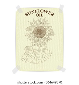 Sunflower. Vintage label Sunflower oil. Textured paper with a beautiful drawing of a sunflower. Design for label, cards, advertising, postcards. Sepia, a brown colour. Vector illustration.