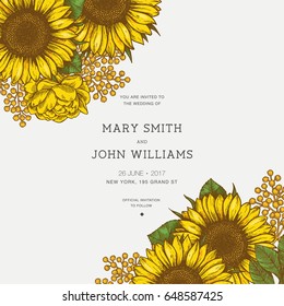 Sunflower Vintage Wedding Invitation. Sunflowers Card Design. Vector Illustration 