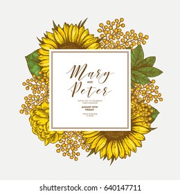 Sunflower vintage wedding invitation. Yellow flowers card design. Vector illustration