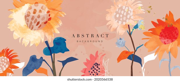 Sunflower watercolor art background vector. Wallpaper design with floral paint brush line art. Earth tone blue, pink, ivory, beige watercolor Illustration for prints, wall art, cover and invitation.