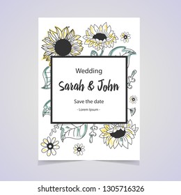 Sunflower wedding invitation. Sunflowers card design. Vector illustration