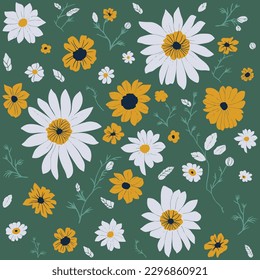 Sunflower and white daisy pattern. Hand drawn floral doodles, sunflower, white daisy, leaves.