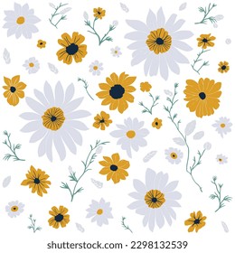 Sunflower and white daisy pattern. Hand drawn floral doodles, sunflower, white daisy, leaves.