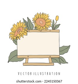 sunflower with wooden sign. Flat design vector illustration