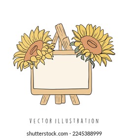 sunflower with wooden sign. Flat design vector illustration