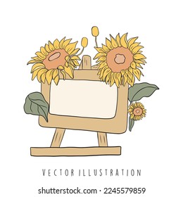 sunflower with wooden sign. Flat design vector illustration