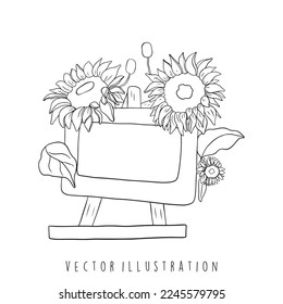 sunflower with wooden sign outline. line art vector illustration