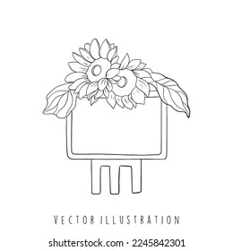 sunflower with wooden sign outline. line art vector illustration