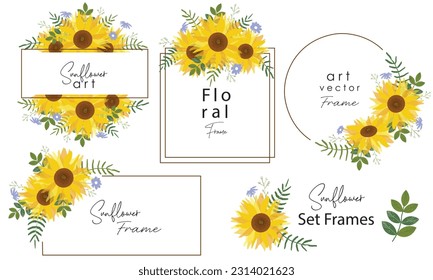 Juego de coronas de girasol y vectores de placa. Borde otoñal con girasoles. Diseño de tarjetas de bienvenida o de invitación con girasoles amarillos y hojas verdes.