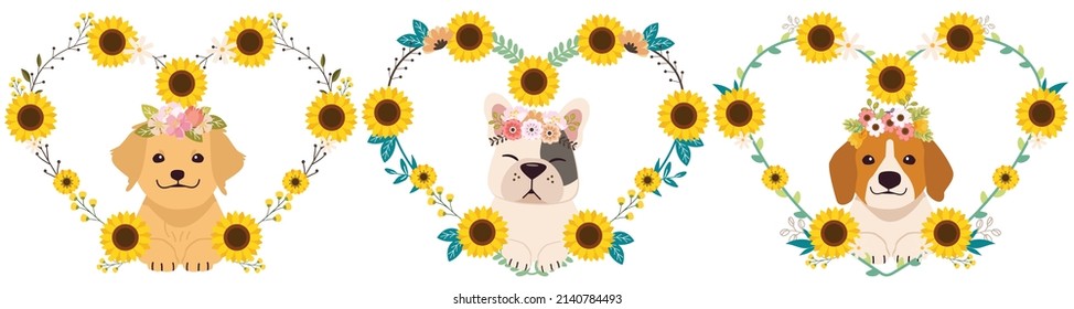 Sunflower wreath and dog in flat vector style. Illustration about pet and animal nature.