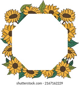 Sunflower wreath, golden round frame of yellow flowers, hand painted vector illustration on the white background