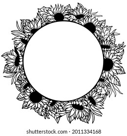 Sunflower wreath. Isolated on white background. Border Outline. Hand drawn illustration. Circle frame. Vector. Monogram frame. Monochrome floral frame. 